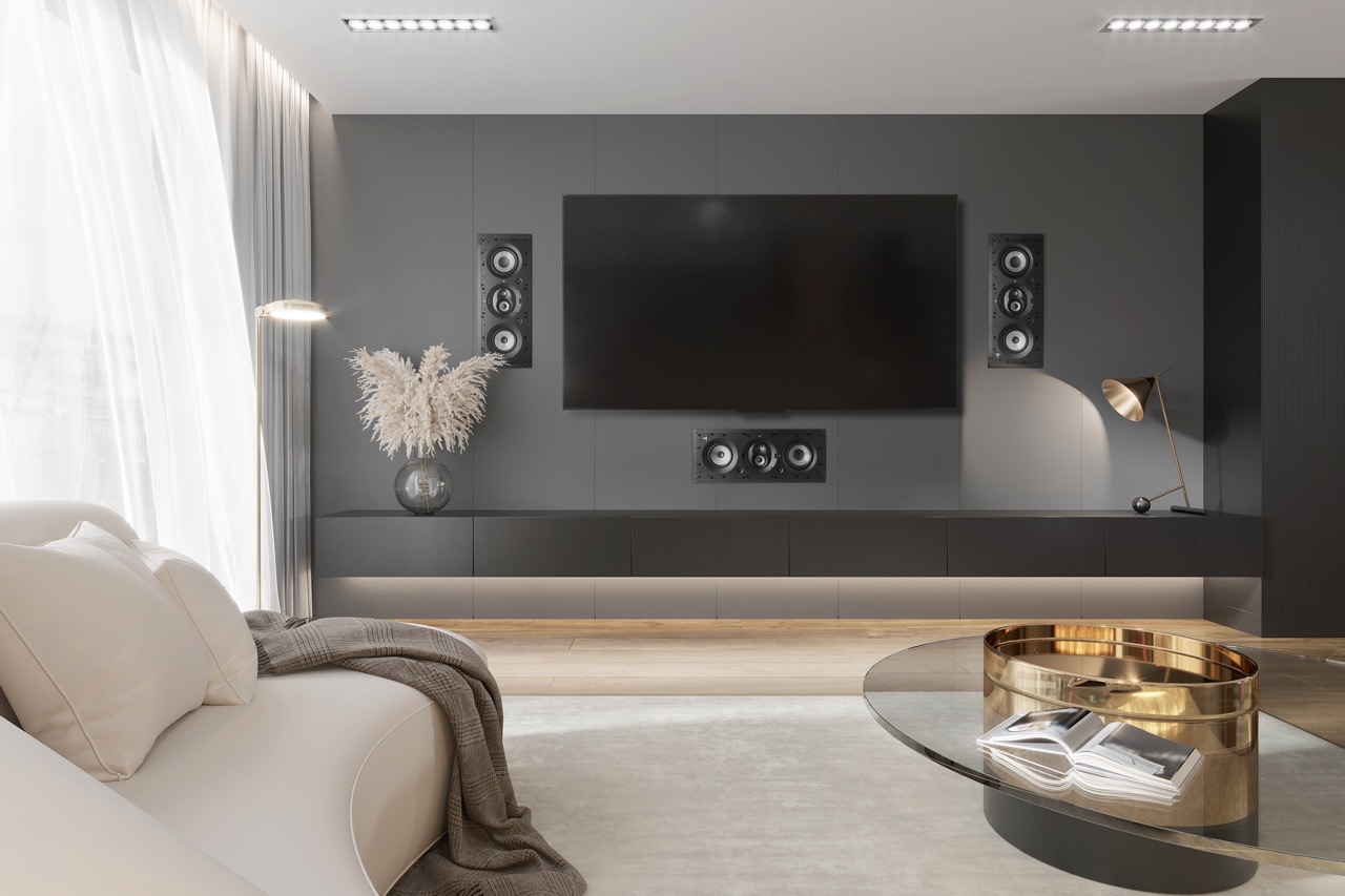 Architectural loudspeakers and an integrated television in a modern interior